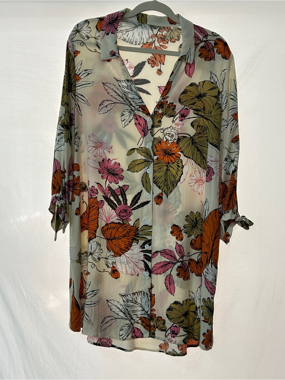 Sheer Floral Button-Up shirt dress in Olive, Rust & Pink